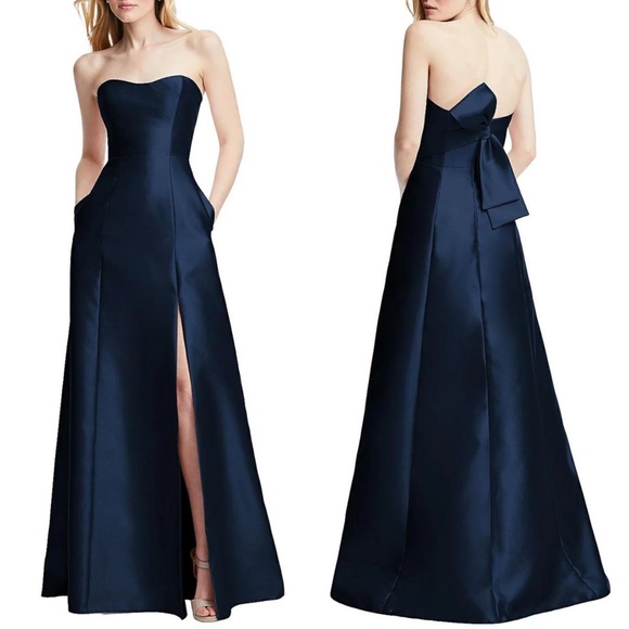 NEW ALFRED SUNG Midnight BLUE Strapless SATIN A-Line BOW BACK High Slit GOWN 16 - Picture 1 of 9